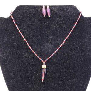 16 3/4" Red And Purple Beaded Necklace with Matching Earrings